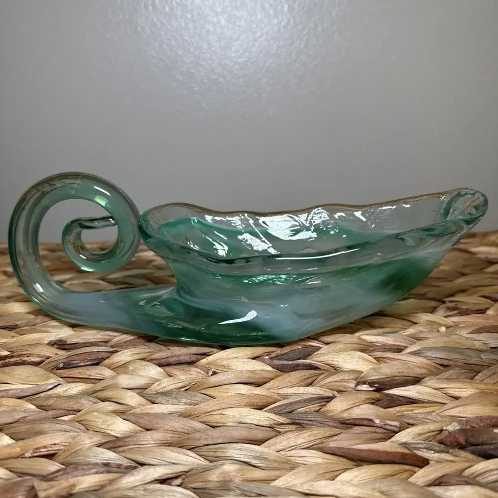 Vintage Aqua Art Glass Console Bowl Freeform Dish Vase Scroll Handle MCM 9.6”